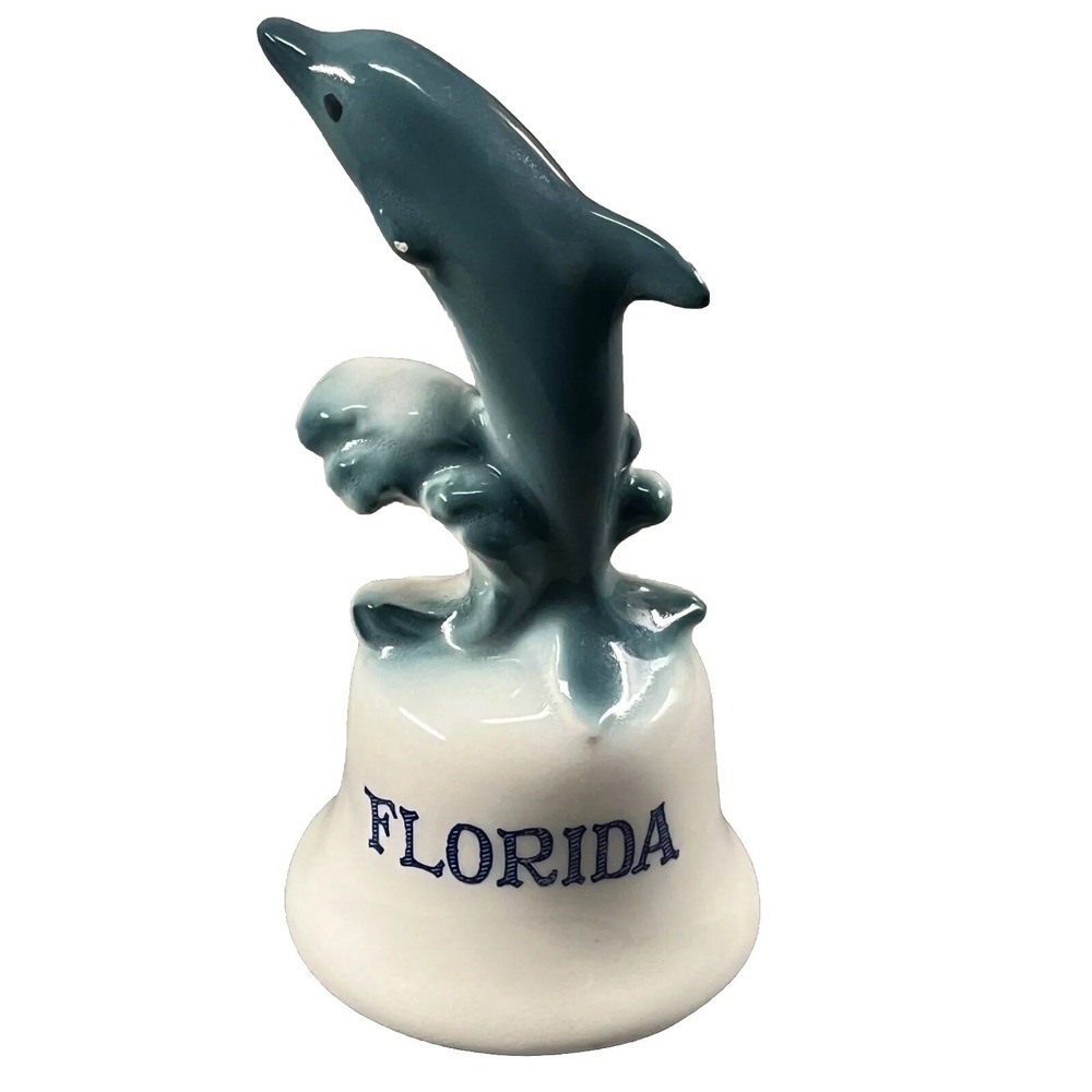 Vintage Florida Blue Dolphin Figurine Bell Souvenir Porcelain Blue 5"H Japan